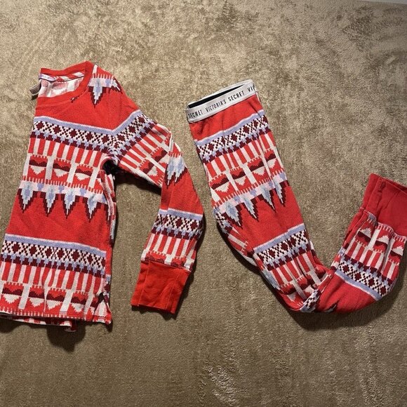 Victoria’s Secret Pajamas Women's Sz S Set Red  Fair Isle Holiday Thermal Pjs - Picture 1 of 6